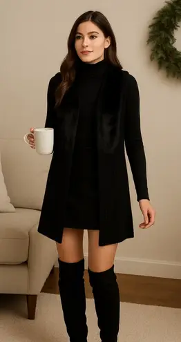 Valerie Stevens Black Faux Fur Knit Vest Size S | Longline Open Front Layering