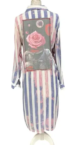 The Nu Vintage Striped Button Down Shirtdress, Astronaut Rose Graphic Back, Sz M Pink Size M