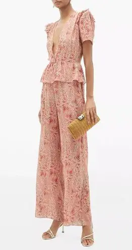 Adriana Degreas Leaf Print Silk Puff Sleeve Ruffle Trim Wide Leg Jumpsuit Pink M Size M