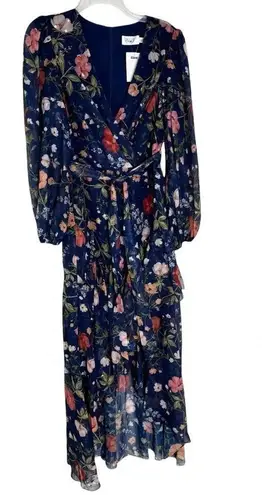 Eliza J Floral Chiffon Surplice Asymmetric Midi Dress Navy Size 8 NWT