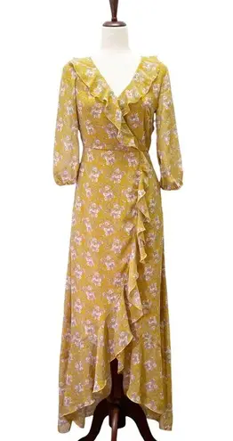 JessaKae Floral Cascading Ruffled Faux Wrap Midi Dress Mustard Blush Size Small Yellow