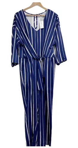 Ny Collection Women Jumpsuit 2X Striped Navy Stretchy Wide Leg Plus Size Career