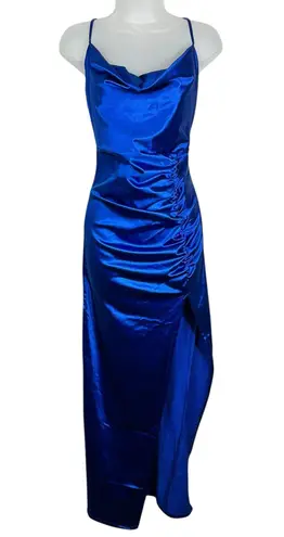 Liz & Sara Royal Blue Shiny Satin Ruched High Leg Slit Party Dress Large L Prom