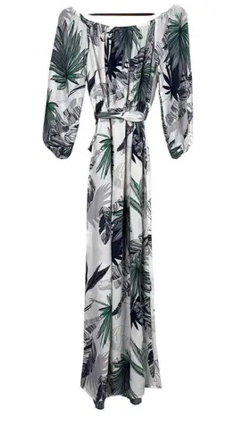 Sans Souci NEW Boho Tropical Palm Print Off Shoulder Maxi Dress 3/4 Sleeve TieWaist L White