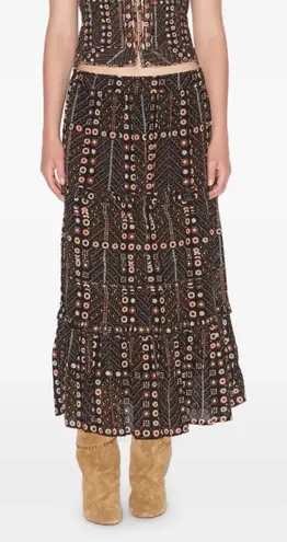 Isabel Marant Etoile Diya Tiered Maxi Skirt Size 12 Black Brown Printed