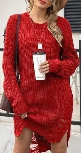 Juju*Be Red Ripped Distressed Knit Pullover Hi Low 3/4 Sleeve Sweater Size Large