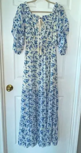 Love Colette Off The Shoulder Maxi Dress Blue White Floral Womens Size Medium