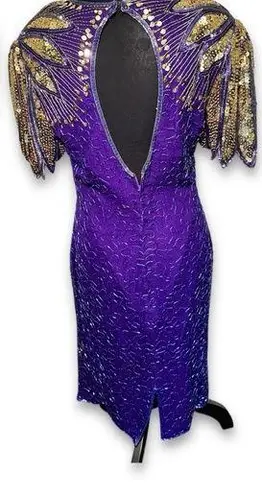 Laurence Kazar Silk Purple and Gold Embellished Sheath Dress