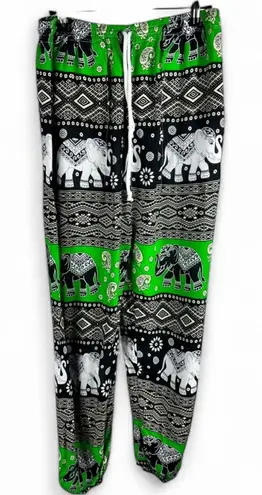 Thailand Made Green boho elephant print pants! Estimating small