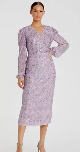 Mac Duggal
Purple Sequined Illusion Puff Sleeve V Neck Midi Dress