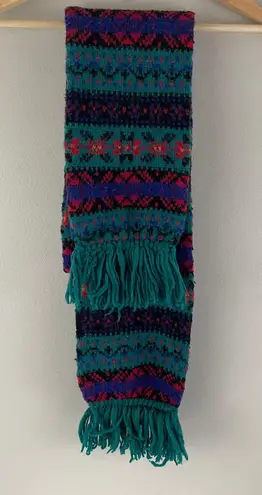 Vintage 80s Green Multicolor Fair Isle Stripe Pattern Fringe Knit Winter Scarf Multiple