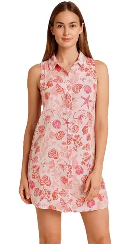 Sigrid Olsen 100% Linen Shirt Dress Size Small Red White Shell Ocean Print