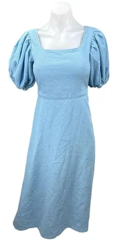 Kara Thoms Blue Textured Square Neck Short Puff Sleeve Midi A