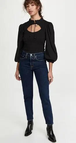 Love The Label Anthropologie Black Smocked Puff Sleeve Blouse Sz.S NWT