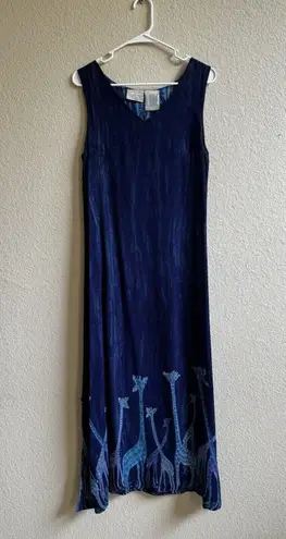 Vtg Day For Night Blue Giraffe Maxi Dress Blue Round Neck Sleeveless Women's M Size M