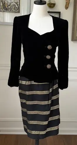 Vintage 80s Albert Nipon 2pc Special Occasion Black Velvet Jacket Gold Black Ski Size 6