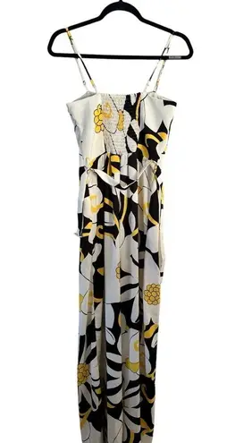 MEIMEIJ YELLOW BLACK SMOCKED BACK ADJUSTABLE SPAGHETTI STRAP BELTED JUMPSUIT S