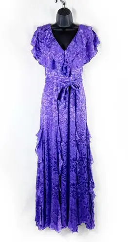 Alice + Olivia  Tessa Purple Ruffle V Neck Maxi Dress Gown Jacquard Floral Size 2