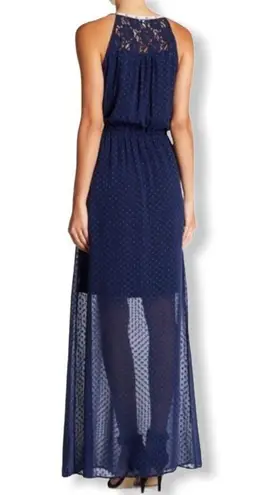 Daniel Rainn Navy Swiss Dot Keyhole Sleeveless Ribbon Trim Maxi Dress size M