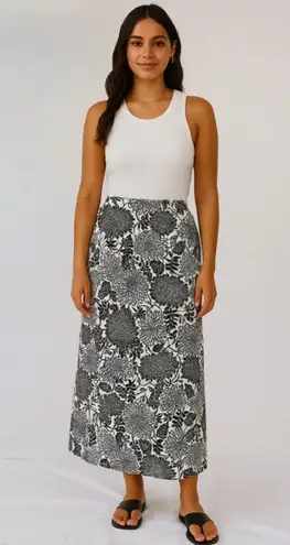 Hot Cotton Linen Maxi Skirt Black White Floral Print Double Side Slits Sz M💚 Size M