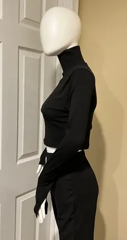 Knit Two Pieces Set Crop Top Mock Neck Blouse High Waist Flare Pants High Rise Trousers Slim Fit Set Long Sleeve Black