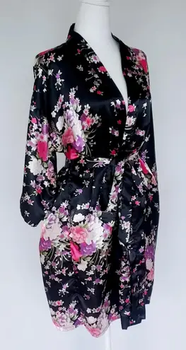 Silky Satin Robe Floral Pattern Kimono Short Black Size Small
