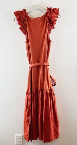 Nation Ltd Everly Frilly Ruffle Strap Tiered Cotton Midi Dress Cayene Red Small