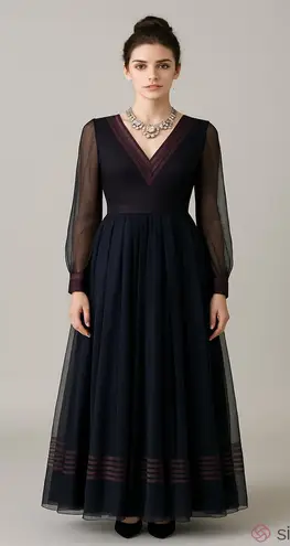 Vintage Abe Schrader 70s Lace Maxi Dress Purple Navy M Size M