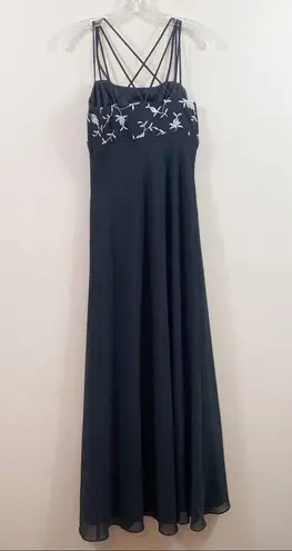 Bari Jay Embroidered Crisscross Straps Black/White Evening Floor Length Dress Black Size 10