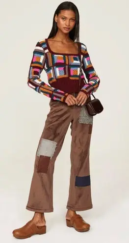 Sea New York Camryn Crochet Multicolor Patchwork Wool Sweater Maroon Boho sz L