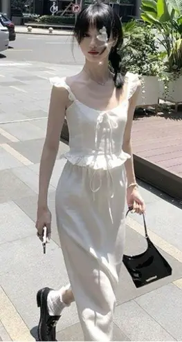 Ivory Cottage Balletcore Summer Ruffle Ribbon Tank Top & Midi Skirt Set