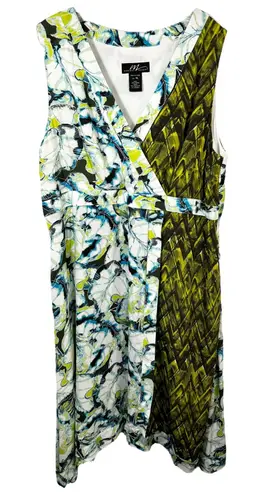 Midnight Velvet XL Dress Green White Blue Floral Sleeveless Faux Wrap Boho 1104