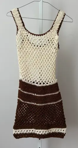 VTG Crochet Knit Mini Dress sz S Cream Brown Striped Sheer Cover Up Beach Boho