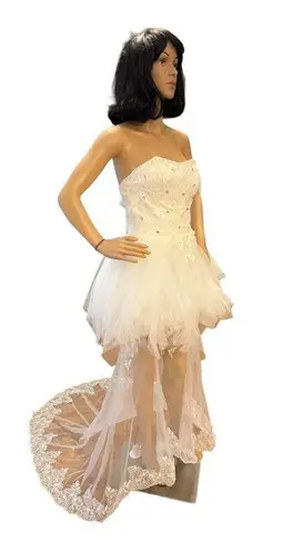 Unique Vintage Vintage high low wedding prom strapless corset tulle maxi train dress size small