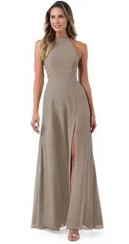 Azazie NWT CLARICE A-Line High Neck Chiffon Floor-Length Dress Taupe Size A4