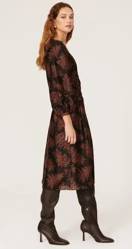 Rebecca Taylor Arden Black Floral Blouson Sleeve Scoop Ruched Silk Midi Dress XS