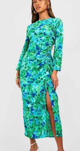 ZARA dress midi Floral ruched Wedding long sleeve green blue boho summer vacation