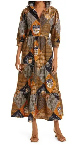 The Oula Company Dress Womens One Size Navy Gold Patchwork Maxi Shirt Dress Yellow