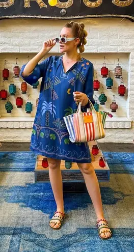 Johnny Was Jade Lorainne Blue Patterned Silk Blend Mini Dress S