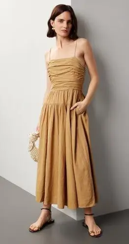 TOCCIN x RTR Brown Khaki Square Neck Ruched Bodice Tie Waist Midi Dress Size 8