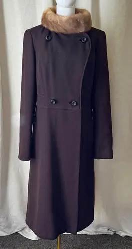 Vintage 1960s Lane Bryant Tall Shop Wool Coat w/ Genuine Mink Fur Collar Sz M Brown
