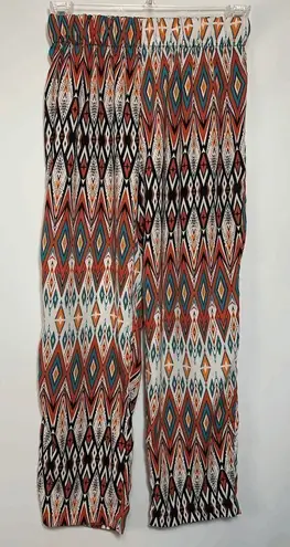 Ambiance Apparel Women's Elastic Waist Wide Leg Multicolor Ethnic Print Pants L Blue Size L