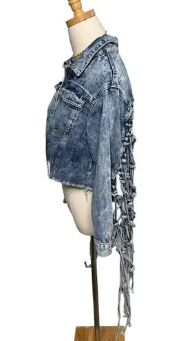 Thrill Jeans acid wash destroyed knotted fringe cropped denim jacket size M Size M