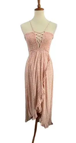 Tiare Hawaii Dress Pink Star Print Lace Up Ruffled Maxi Vacation Summer One Size