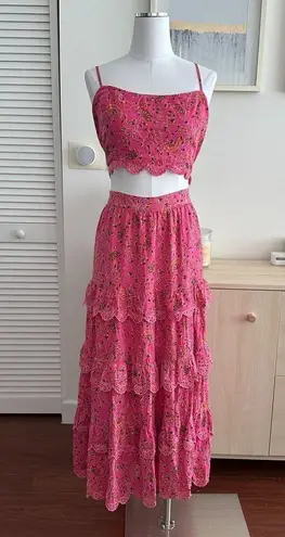 Caroline Constas Skirt Womens Large Floral Lace Tiered Crop Top Matching Co Ord Pink