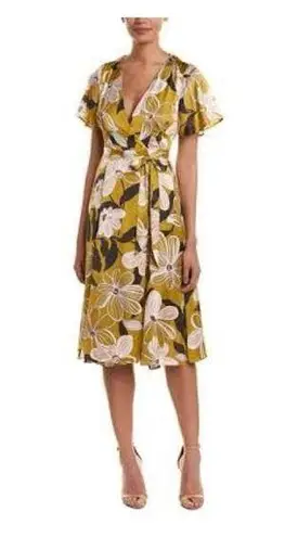 Hutch Anthropologie Mustard Yellow Floral Wrap Midi Dress Sz.XS