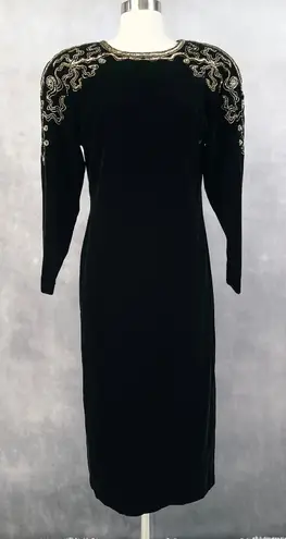 VTG 80s Le Crillon Womens Velvet Dress Size 8 Sequin Art Deco Glam Party Evening Black