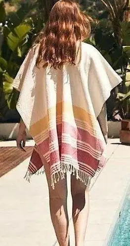 Tribe Alive Handmade Cotton Stripe Fringe Kaftan Poncho in Ivory/Pink OS