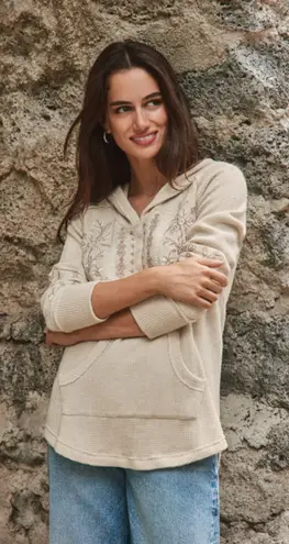 Johnny Was Metallic Thermal Hoodie - LAURA Metallic Cream Size XS