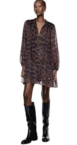 ZARA  Mini Tunic Dress Printed Collared Neck Long Sleeves Chiffon Ruffled Medium